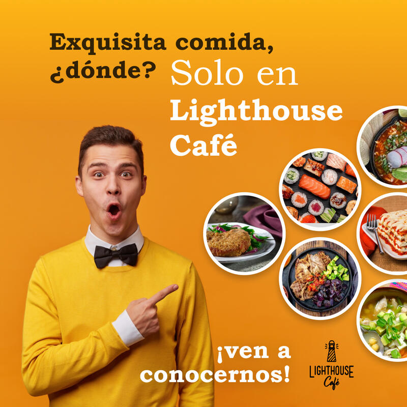 Square orange social media post for Lighthouse Café with a man pointing at circular food photographs