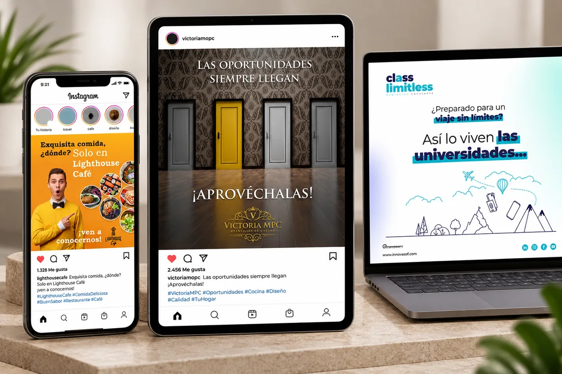 A phone, a tablet and a laptop showing social posts for Lighthouse Café, Victoria MPC and Class Limitless