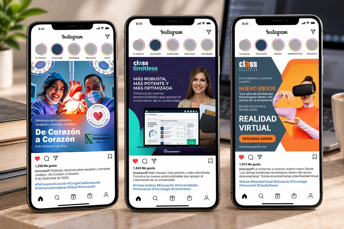 Three phones side by side showing Instagram posts: a cardiac symposium announcement, a Class Limitless release post and a Class Software e-book on virtual reality