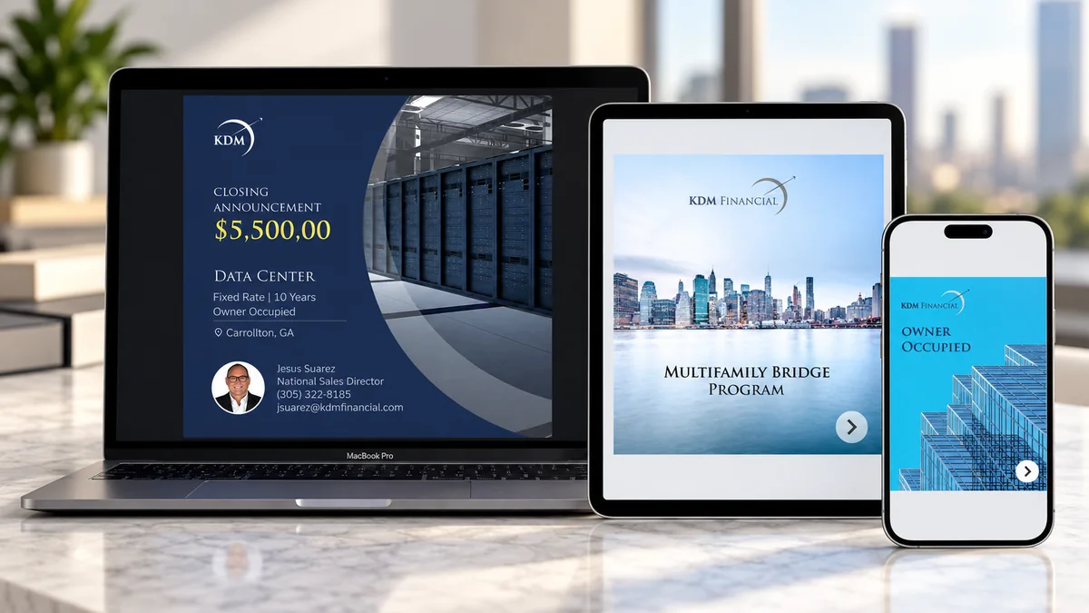 A laptop, a tablet and a phone on a marble counter showing KDM Financial posts: a data-centre closing announcement, the Multifamily Bridge Program and an Owner Occupied card