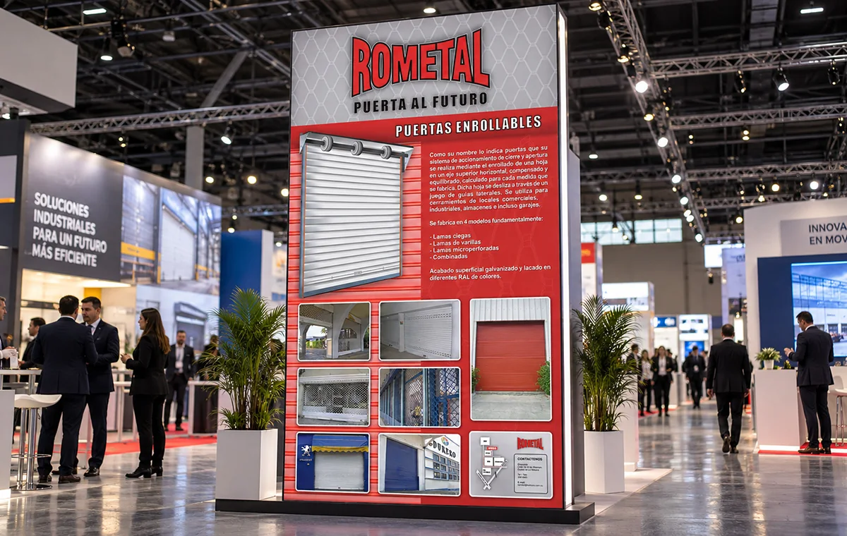 Mockup of the Rometal roll-up doors poster as a tall totem at an industrial trade fair, with visitors talking at a nearby stand