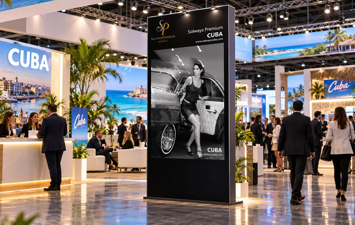 Mockup of the Solways Premium poster as a lit black totem on a trade-fair floor, the black-and-white classic-car photograph glowing against the stands