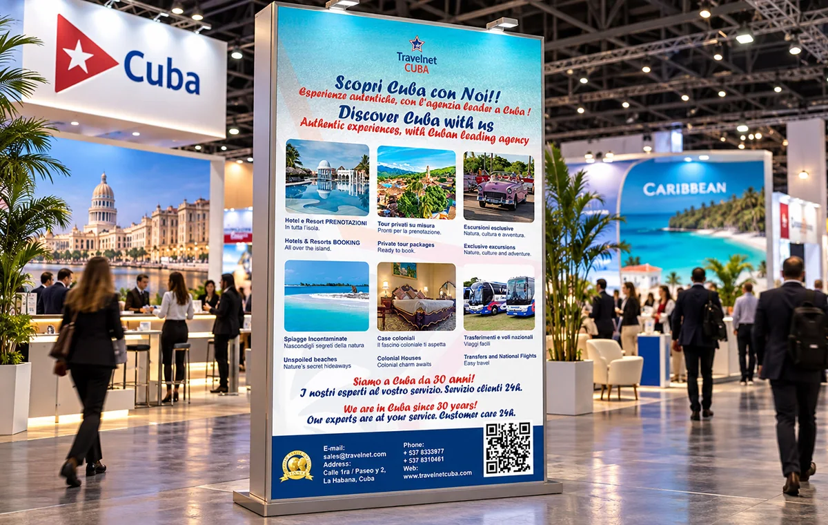 Mockup of the Travelnet Cuba poster as a free-standing totem on a trade-fair floor, beside a Cuba stand with visitors walking past