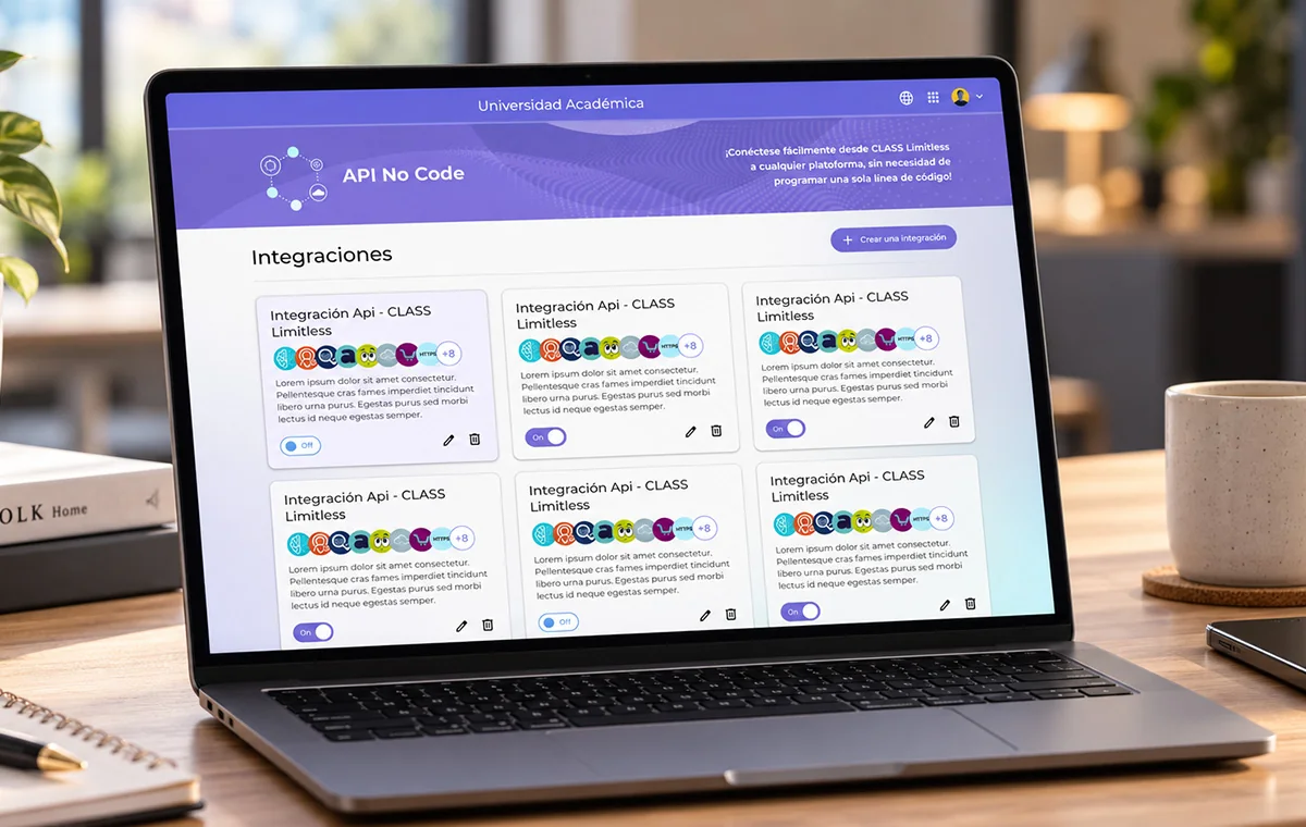 No-code API screen: a purple header above a grid of integration cards, each with its connected services, a description and an on-off switch
