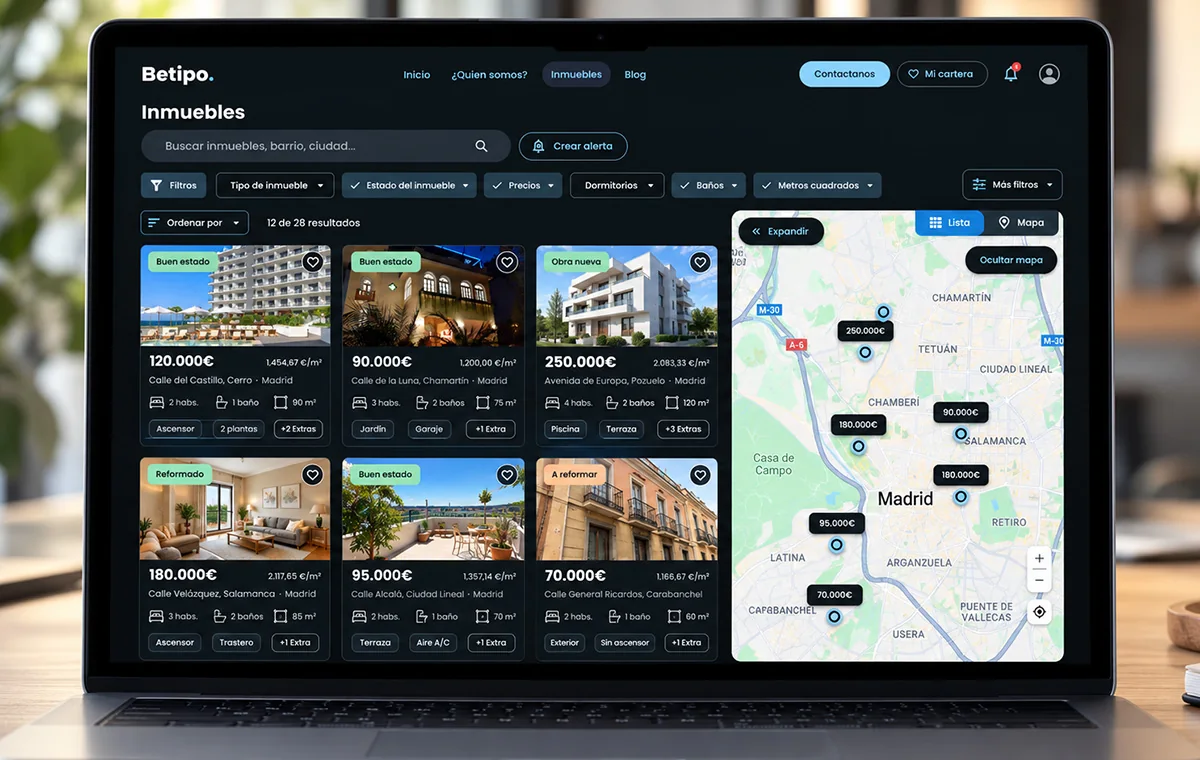 Betipo property search: a filter bar over a grid of listings with price, area and features, beside a Madrid map with price pins