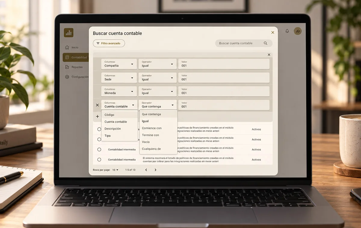 Advanced account search in an accounting module: stacked filter rows of column, operator and value, with an open dropdown over the results table