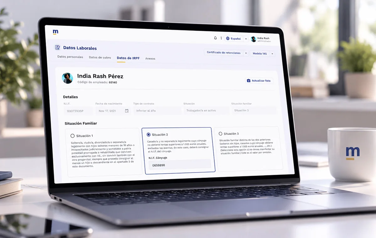 Milena Cloud employee tax details: personal data tabs above three family-situation options written out in full, with the selected one expanded