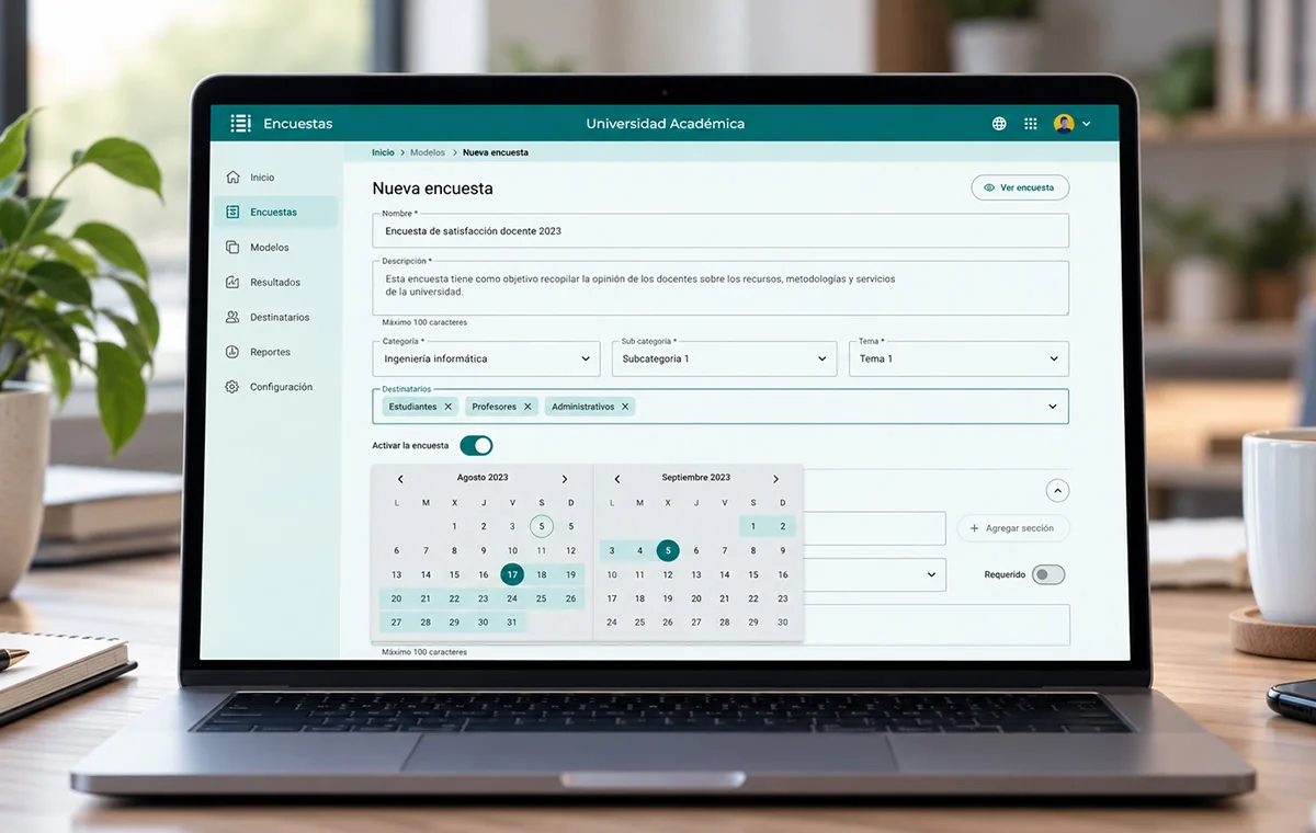 New survey screen: name and description fields, category, subcategory and topic selectors, recipient chips, and a two-month date range picker