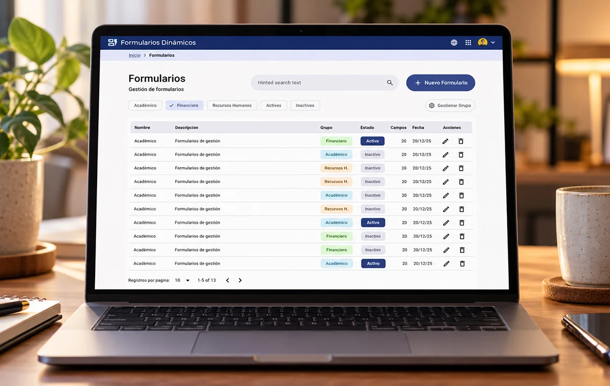 Dynamic forms manager: category chips above a table of forms with group, status, field count, date and row actions