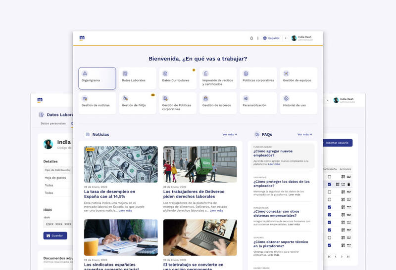 Two overlapping screens of an HR platform in Spanish, a grid of task tiles above news and FAQ columns