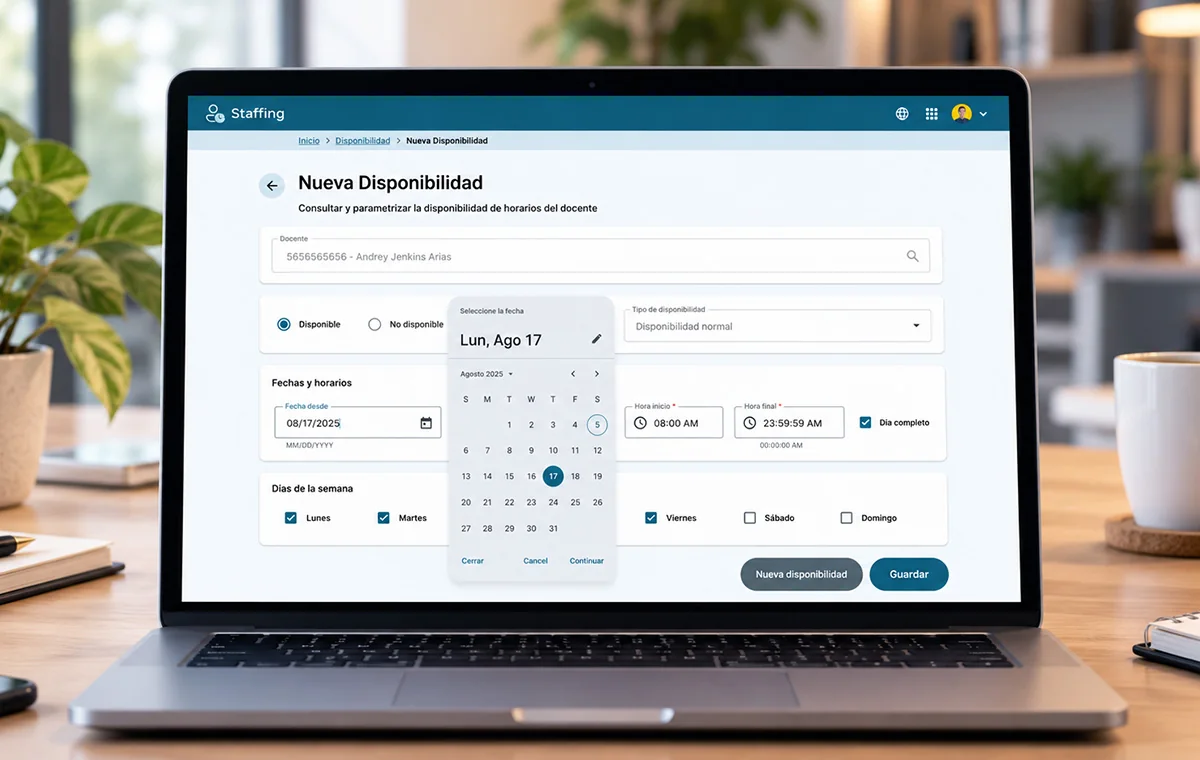 Staffing availability form: a teacher picker, available or unavailable radios, an open date picker with start and end times, and weekday checkboxes