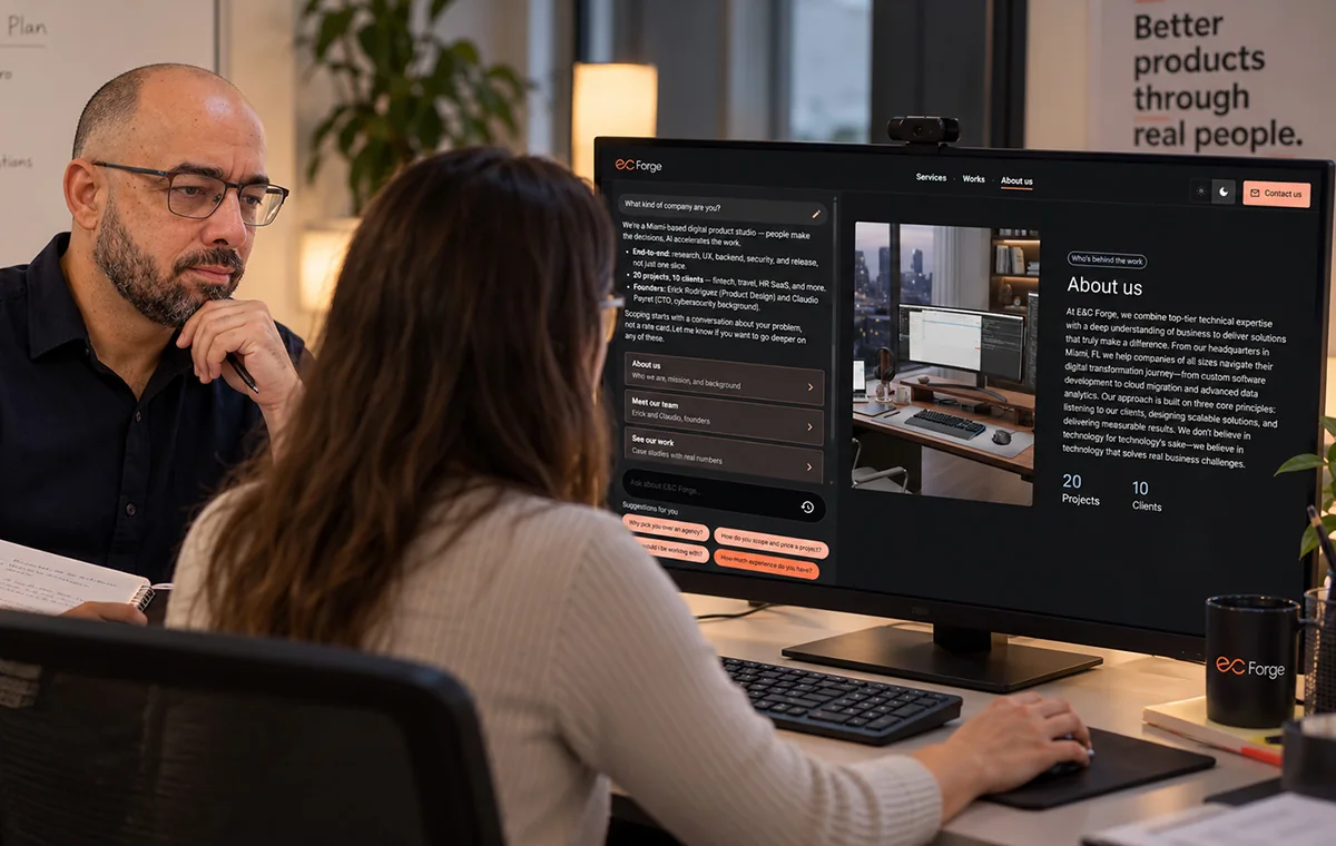 Two people at a desk reviewing the E&C Forge site on a large monitor: one works the mouse, the other watches and takes notes
