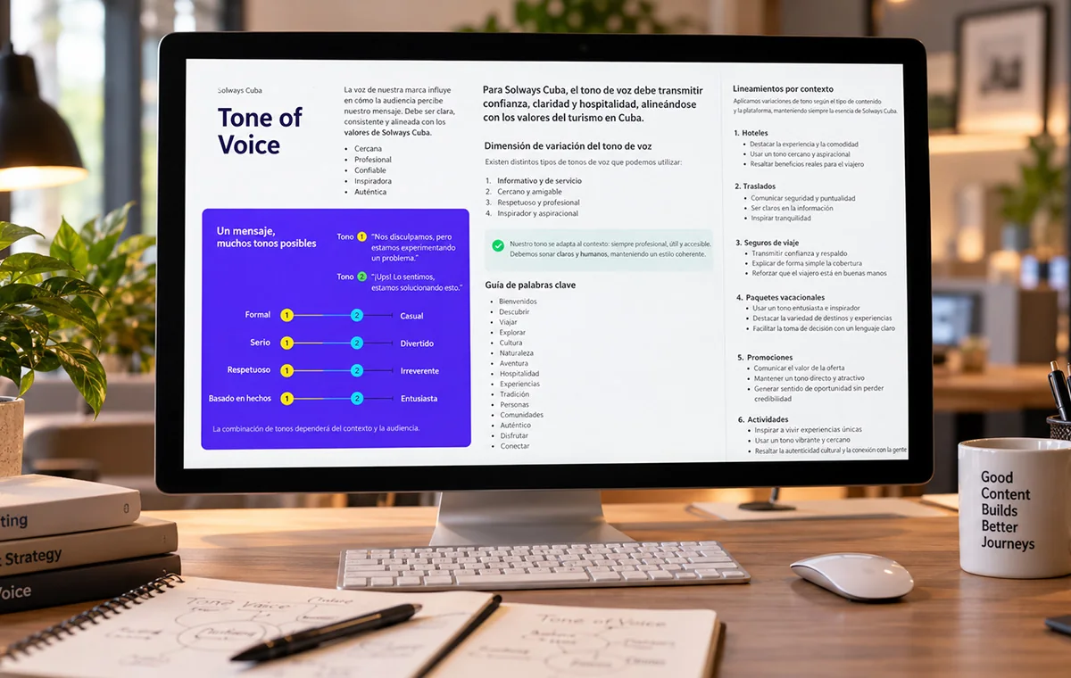 Solways Cuba tone-of-voice guide: four tone scales from formal to casual on a purple panel, beside a keyword list and tone guidelines for hotels, transfers, insurance, packages, promotions and activities
