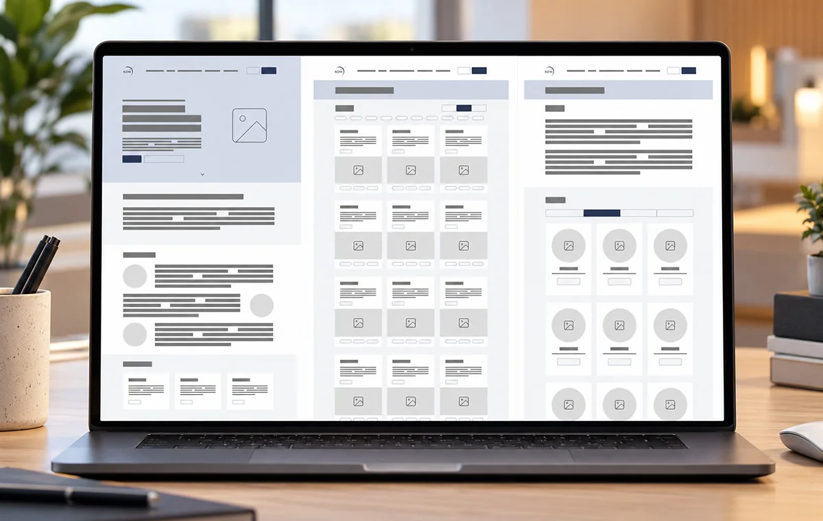 Three KDM wireframes side by side: a home page with hero and sections, a card grid listing, and a text page with a tabbed team grid