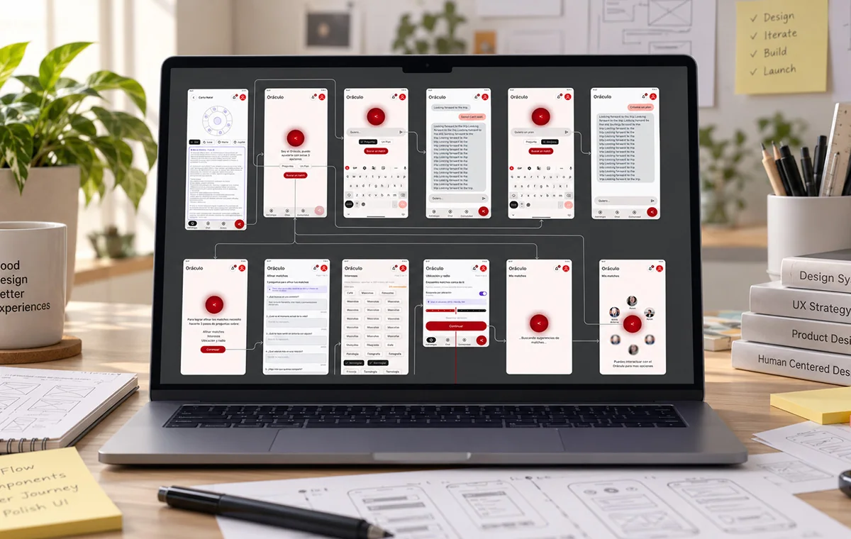 Oráculo app flow on a dark board: twelve connected screens from the natal chart through the chat, the filter questions and the matches view