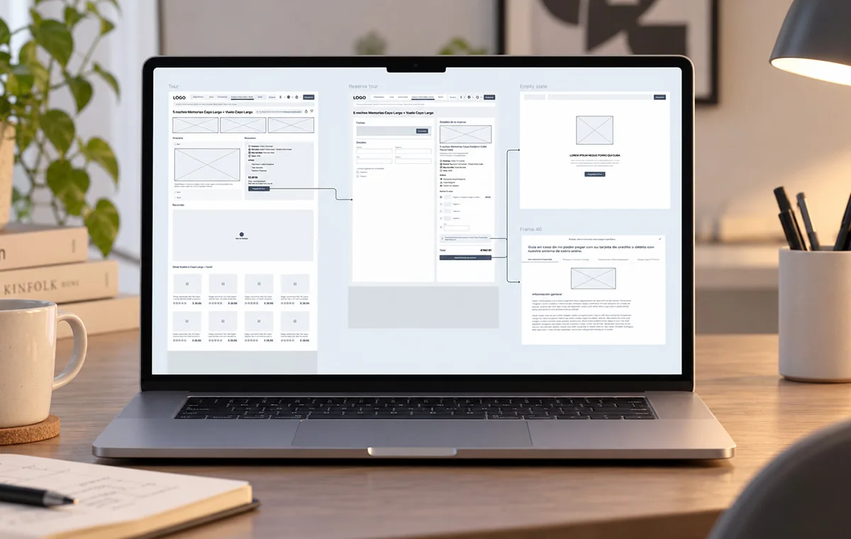 Travelnet Cuba wireframes: a tour page, the booking form and an empty state, joined by arrows that show the path between them